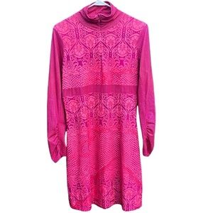 Prana Stretch Zip Neckline Multi Pattern Ruched Long Sleeve Dress Size Medium